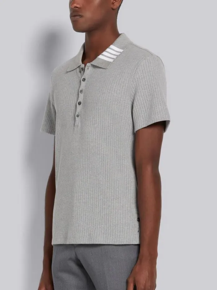 Thom Browne Ribbed Shortsleeve Polo Shirt Light Grey Men Tshirts and Polos