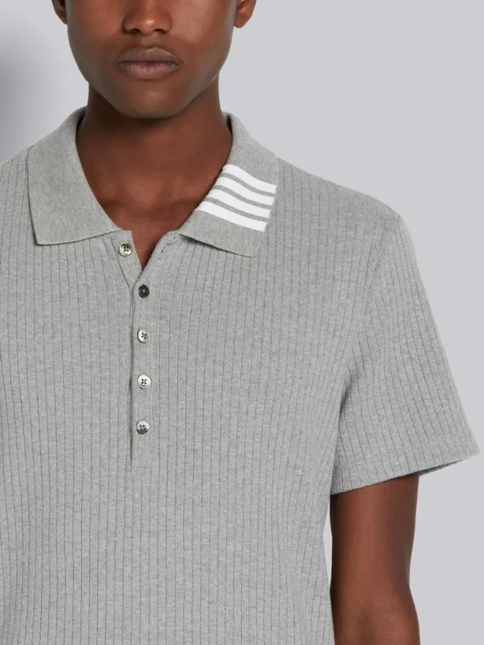 Thom Browne Ribbed Shortsleeve Polo Shirt Light Grey Men Tshirts and Polos