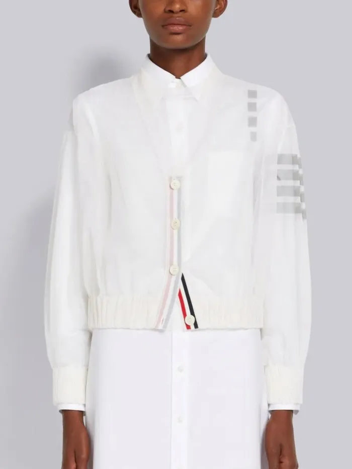 Thom Browne Sheer Ruched Silk 4bar Vneck Cardigan White Women Knitwear