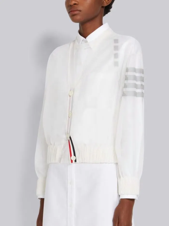 Thom Browne Sheer Ruched Silk 4bar Vneck Cardigan White Women Knitwear