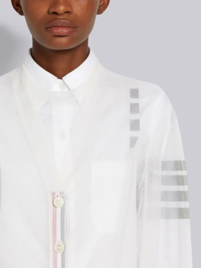 Thom Browne Sheer Ruched Silk 4bar Vneck Cardigan White Women Knitwear