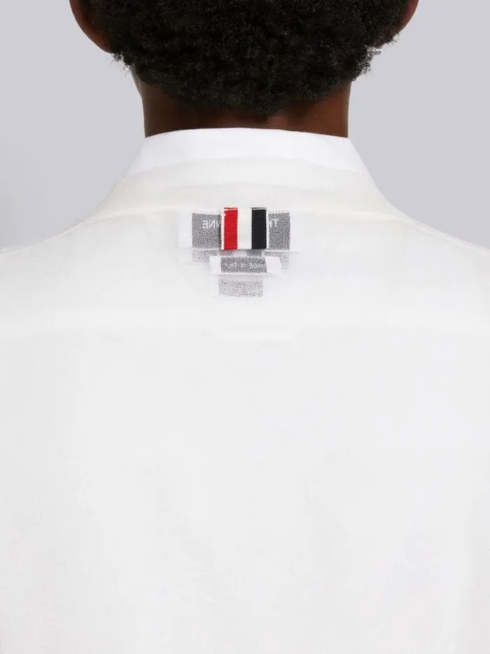 Thom Browne Sheer Ruched Silk 4bar Vneck Cardigan White Women Knitwear