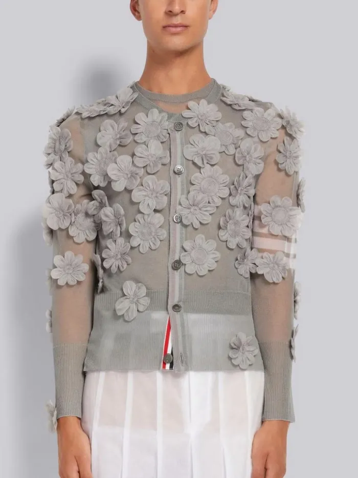 Thom Browne Silk Organza Flower Applique 4bar Crew Neck Cardigan Light Grey Men Knitwear Thom Browne Silk Organza Flower Applique 4bar Crew Neck Cardigan Light Grey Men Knitwear