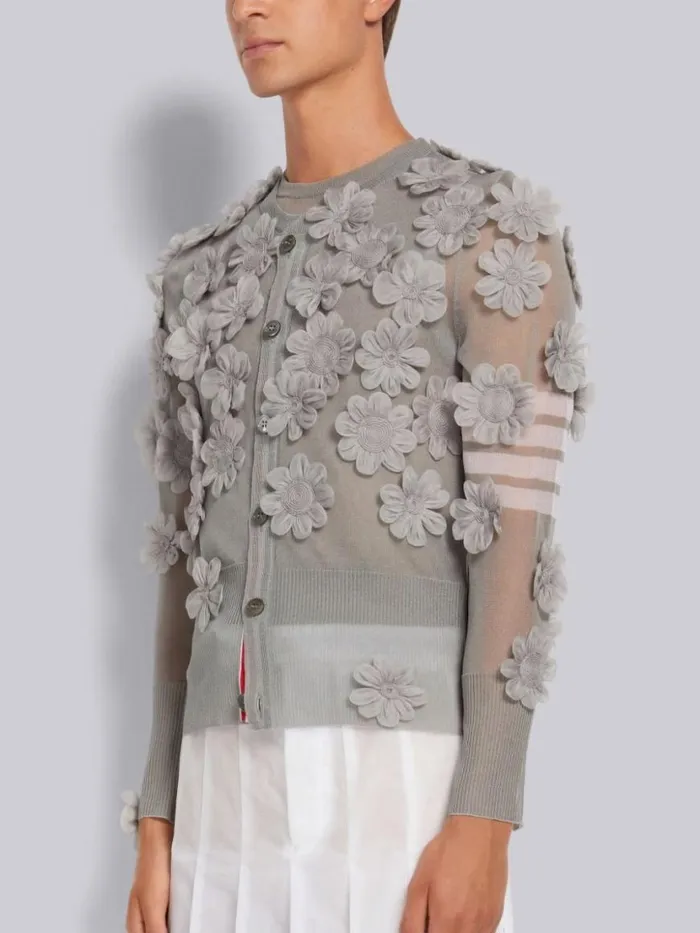 Thom Browne Silk Organza Flower Applique 4bar Crew Neck Cardigan Light Grey Men Knitwear