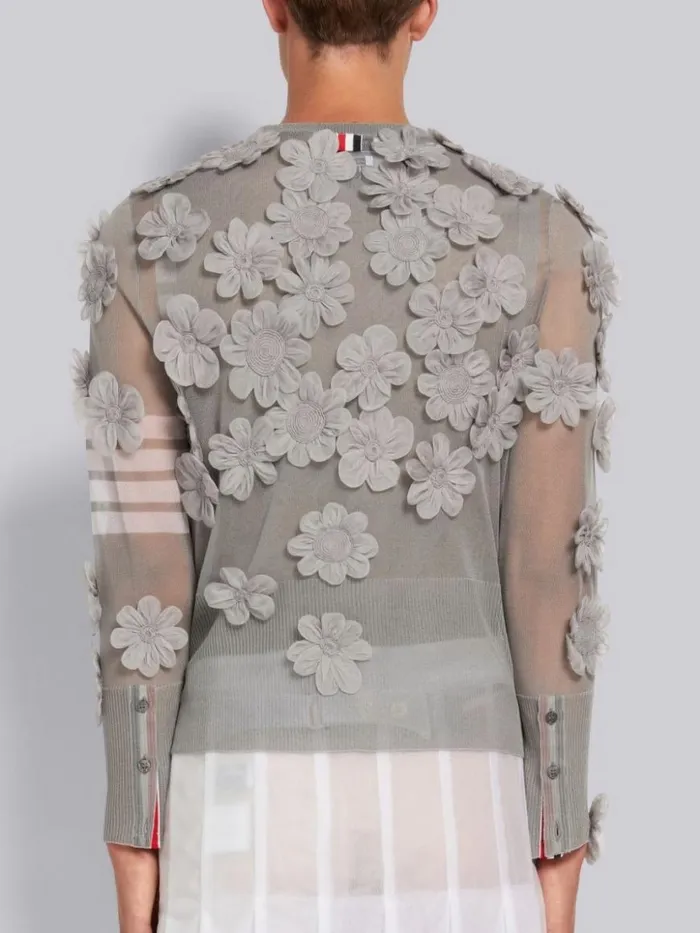 Thom Browne Silk Organza Flower Applique 4bar Crew Neck Cardigan Light Grey Men Knitwear