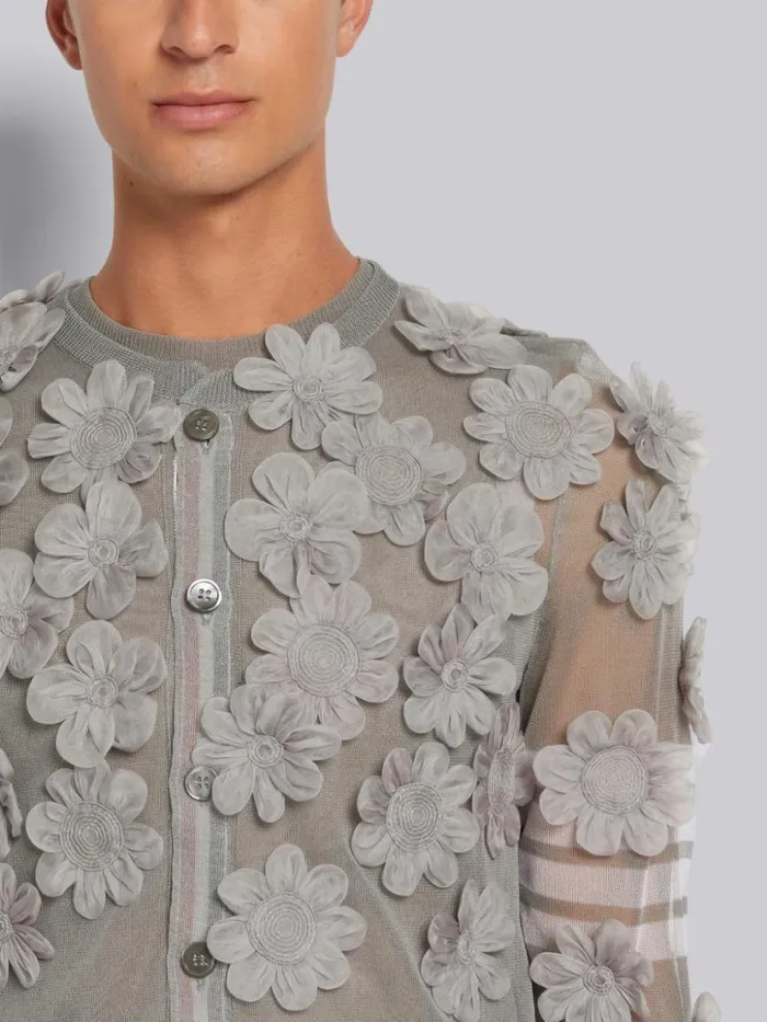 Thom Browne Silk Organza Flower Applique 4bar Crew Neck Cardigan Light Grey Men Knitwear
