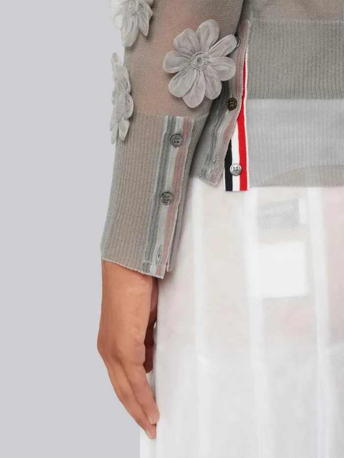 Thom Browne Silk Organza Flower Applique 4bar Crew Neck Cardigan Light Grey Men Knitwear