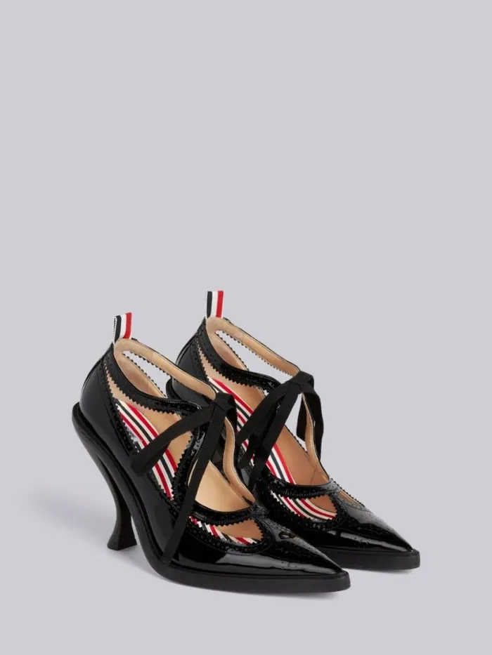 Thom Browne Soft Patent Leather Tonal Grosgrain Bow 105mm Heel Cut Out Thom John Black Women Heels