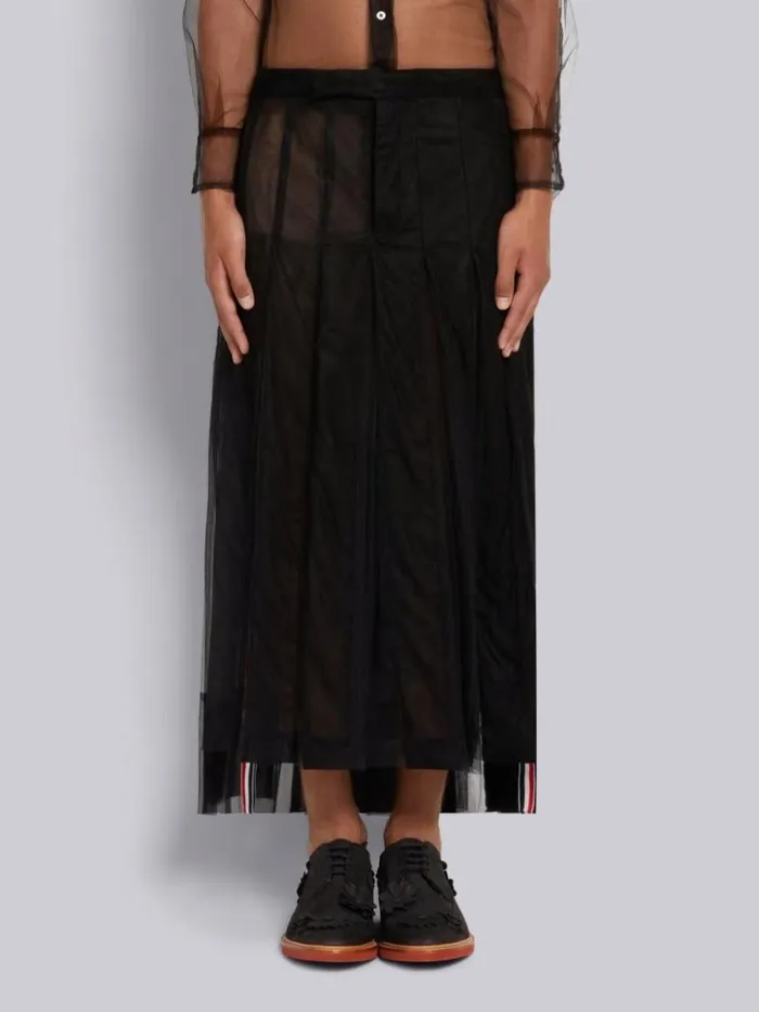 Thom Browne Soft Tulle Combo Pleat Insert Ankle Length Backstrap Pleated Skirt Black Men Trousers