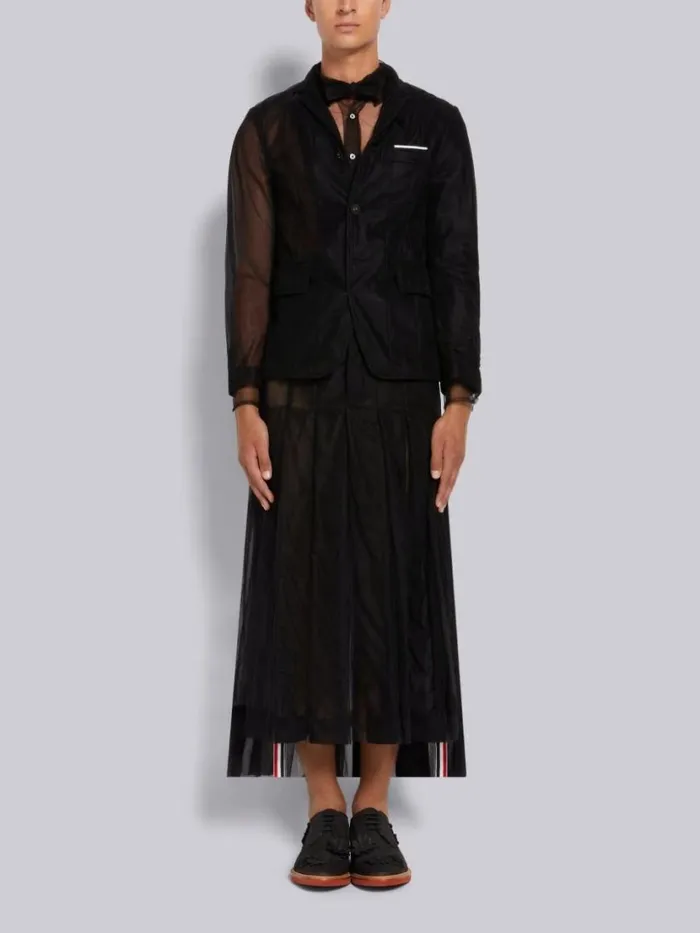 Thom Browne Soft Tulle Combo Pleat Insert Ankle Length Backstrap Pleated Skirt Black Men Trousers