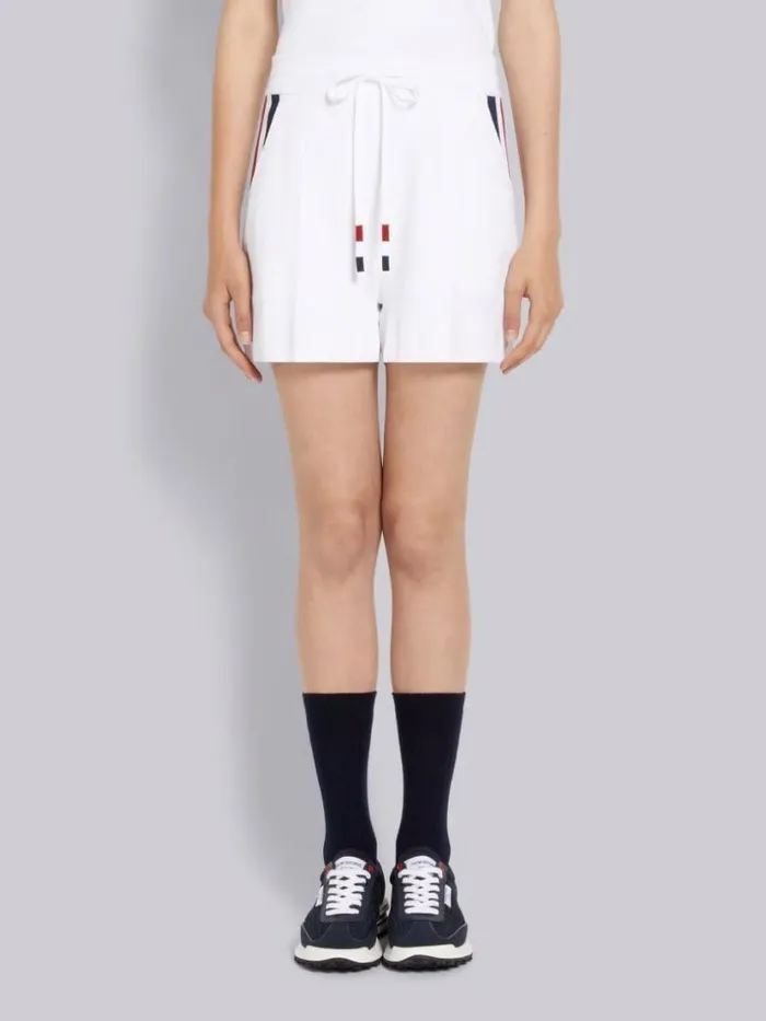 Thom Browne Stretch Viscose Intarsia Side Stripe Pintuck Midthigh Shorts White Women Sweats
