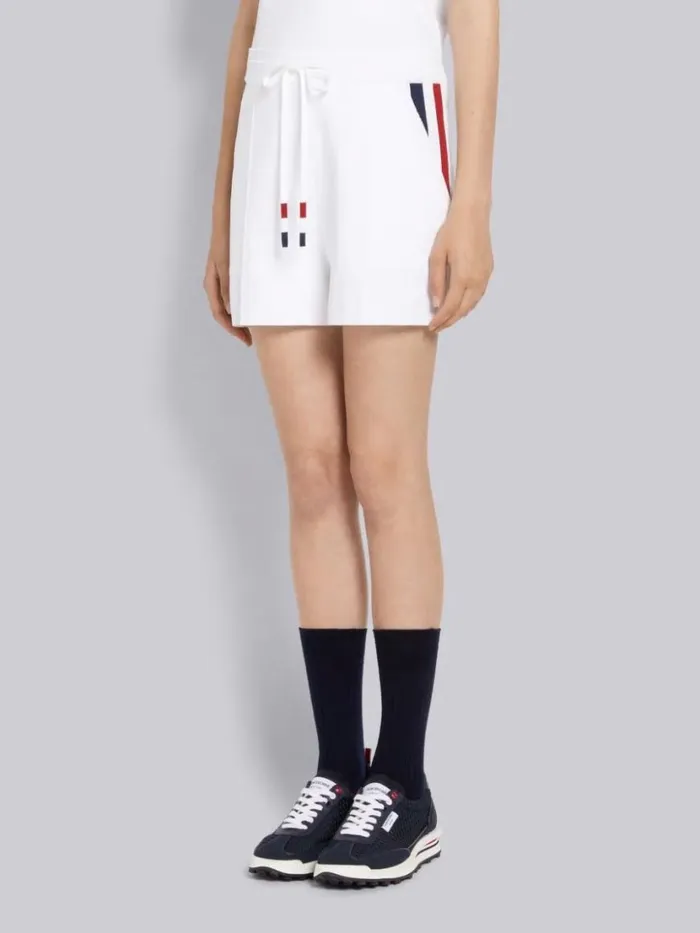 Thom Browne Stretch Viscose Intarsia Side Stripe Pintuck Midthigh Shorts White Women Sweats