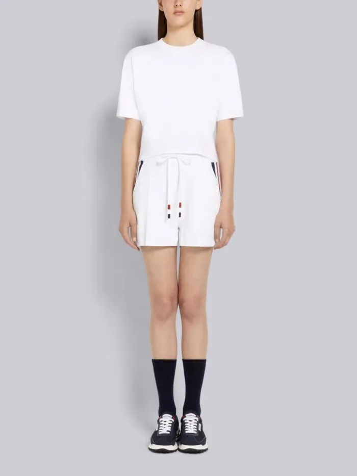 Thom Browne Stretch Viscose Intarsia Side Stripe Pintuck Midthigh Shorts White Women Sweats