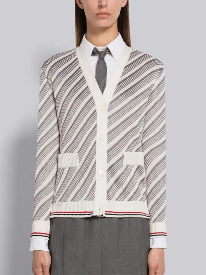 Thom Browne Stripe Cotton Silk 4bar Stripe Trim Vneck Cardigan Light Grey Women Knitwear Thom Browne Stripe Cotton Silk 4bar Stripe Trim Vneck Cardigan Light Grey Women Knitwear