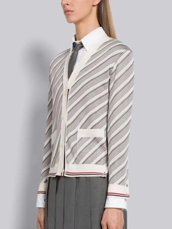 Thom Browne Stripe Cotton Silk 4bar Stripe Trim Vneck Cardigan Light Grey Women Knitwear