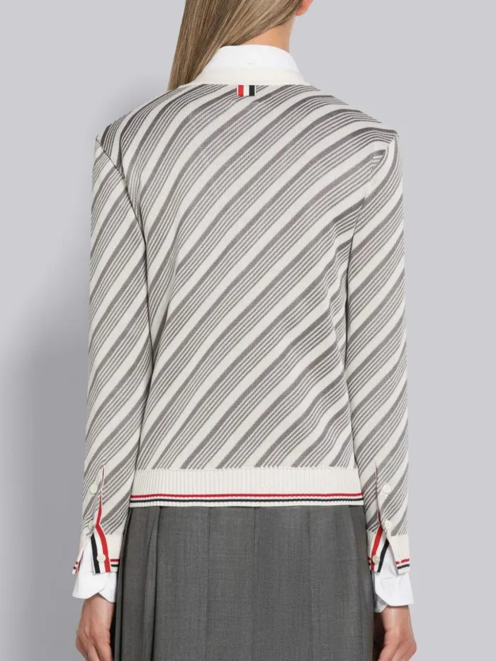 Thom Browne Stripe Cotton Silk 4bar Stripe Trim Vneck Cardigan Light Grey Women Knitwear