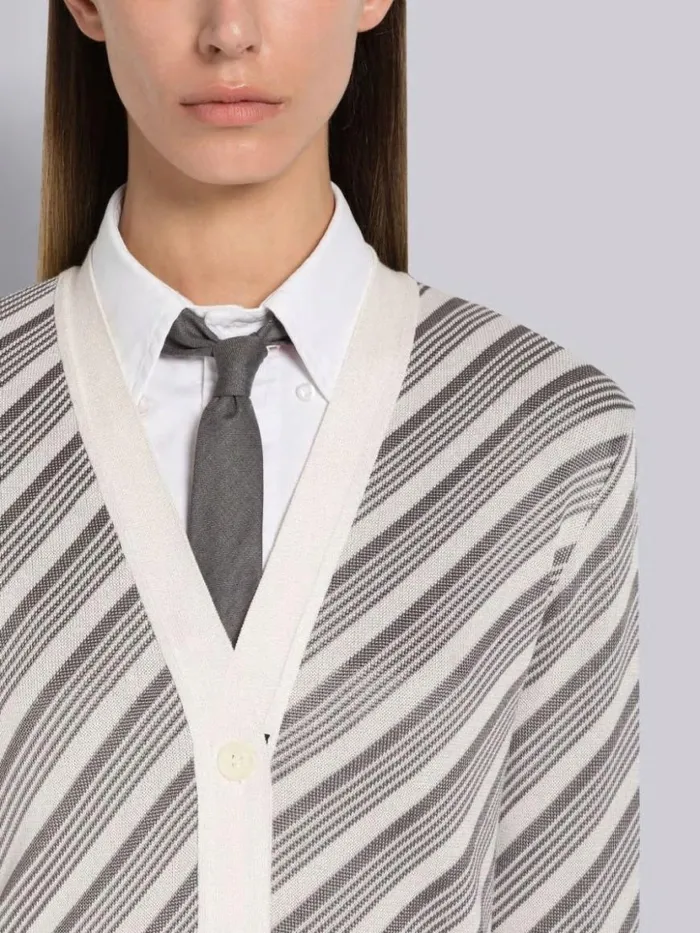 Thom Browne Stripe Cotton Silk 4bar Stripe Trim Vneck Cardigan Light Grey Women Knitwear