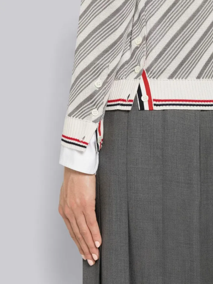 Thom Browne Stripe Cotton Silk 4bar Stripe Trim Vneck Cardigan Light Grey Women Knitwear