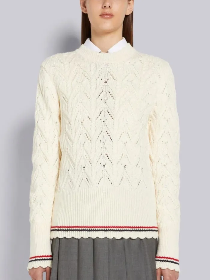 Thom Browne Sustainable Merino Wool Pointelle Cable Knit Scallop Trim Pullover White Women Knitwear Thom Browne Sustainable Merino Wool Pointelle Cable Knit Scallop Trim Pullover White Women Knitwear
