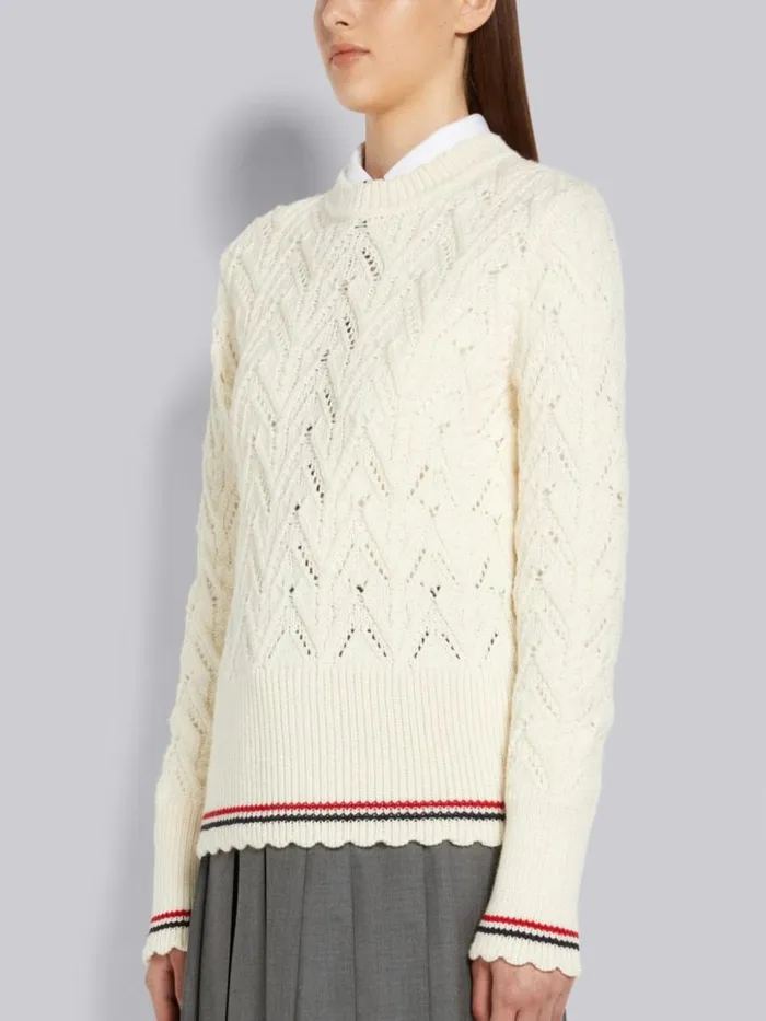 Thom Browne Sustainable Merino Wool Pointelle Cable Knit Scallop Trim Pullover White Women Knitwear