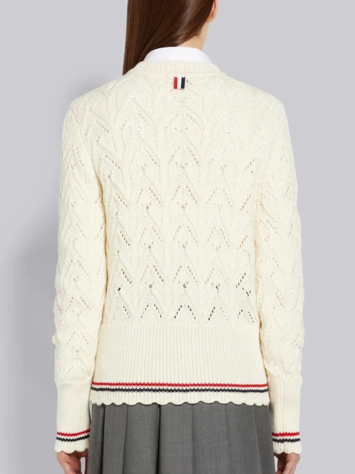 Thom Browne Sustainable Merino Wool Pointelle Cable Knit Scallop Trim Pullover White Women Knitwear