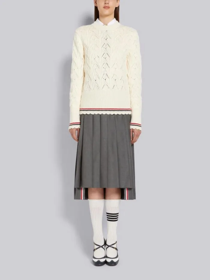 Thom Browne Sustainable Merino Wool Pointelle Cable Knit Scallop Trim Pullover White Women Knitwear