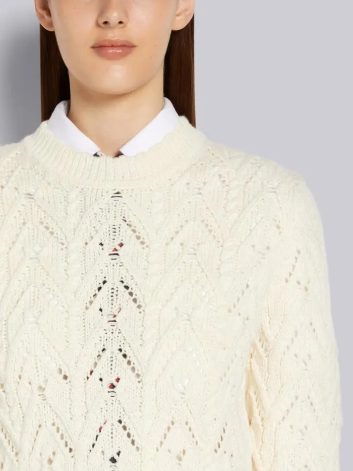 Thom Browne Sustainable Merino Wool Pointelle Cable Knit Scallop Trim Pullover White Women Knitwear