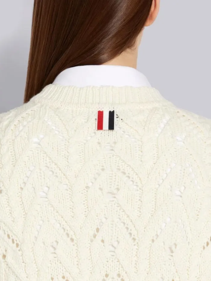 Thom Browne Sustainable Merino Wool Pointelle Cable Knit Scallop Trim Pullover White Women Knitwear