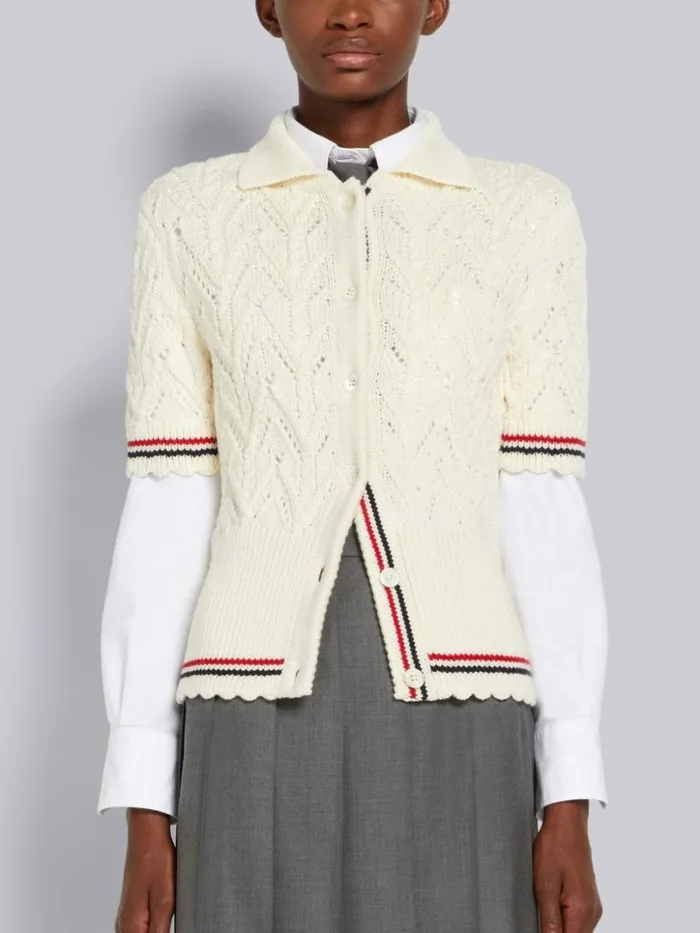 Thom Browne Sustainable Merino Wool Pointelle Cable Knit Scallop Trim Short Sleeve Polo Cardigan White Women Knitwear
