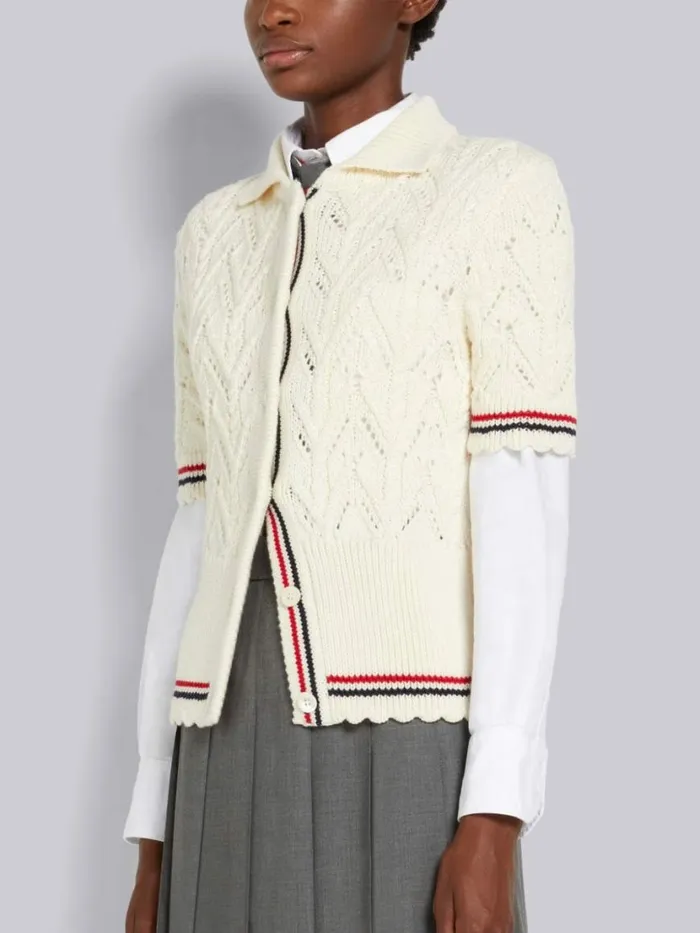 Thom Browne Sustainable Merino Wool Pointelle Cable Knit Scallop Trim Short Sleeve Polo Cardigan White Women Knitwear