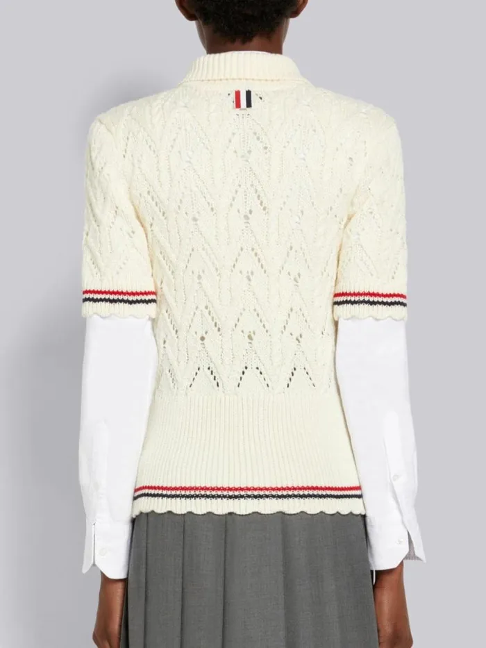 Thom Browne Sustainable Merino Wool Pointelle Cable Knit Scallop Trim Short Sleeve Polo Cardigan White Women Knitwear