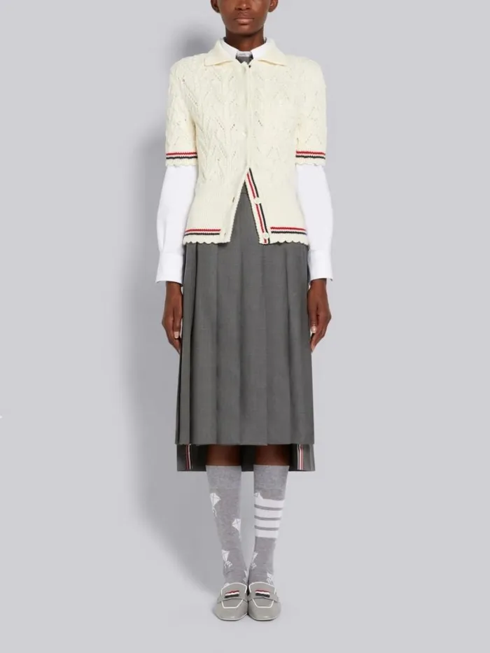 Thom Browne Sustainable Merino Wool Pointelle Cable Knit Scallop Trim Short Sleeve Polo Cardigan White Women Knitwear