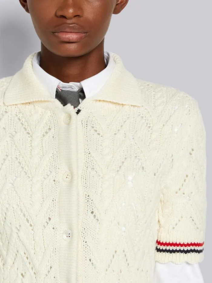 Thom Browne Sustainable Merino Wool Pointelle Cable Knit Scallop Trim Short Sleeve Polo Cardigan White Women Knitwear