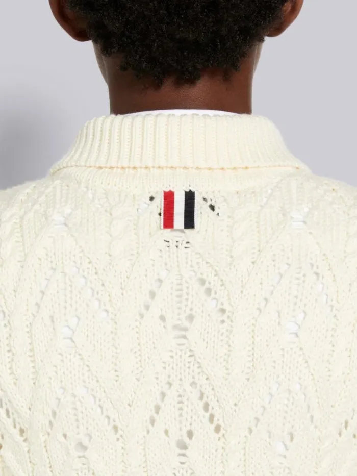 Thom Browne Sustainable Merino Wool Pointelle Cable Knit Scallop Trim Short Sleeve Polo Cardigan White Women Knitwear