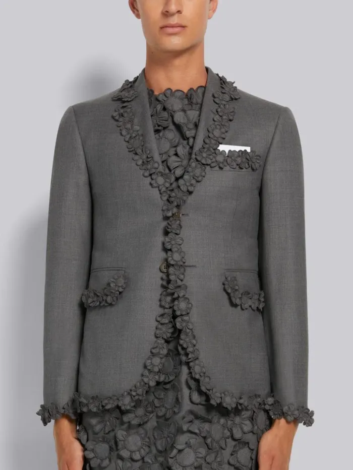 Thom Browne Wool Suiting Floral Embroidery Tipping Classic Sport Coat Medium Grey Men Jackets and Suiting