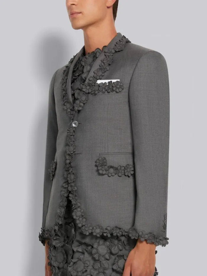 Thom Browne Wool Suiting Floral Embroidery Tipping Classic Sport Coat Medium Grey Men Jackets and Suiting