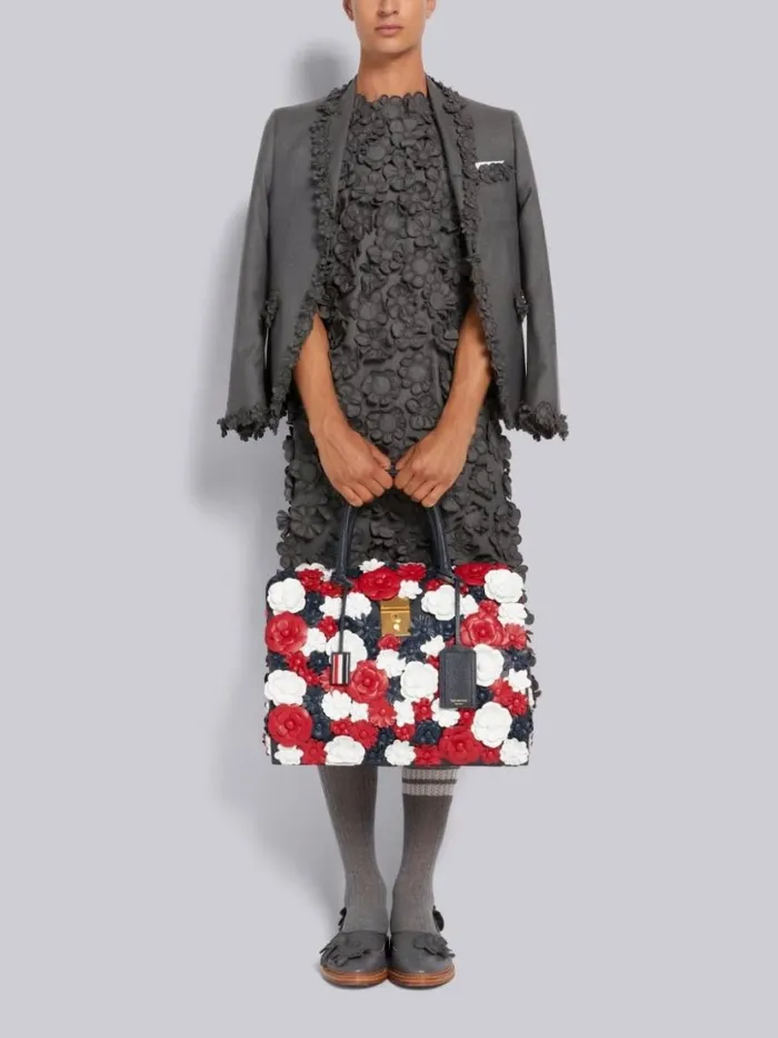 Thom Browne Wool Suiting Floral Embroidery Tipping Classic Sport Coat Medium Grey Men Jackets and Suiting