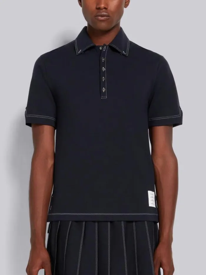 Thom Browne Wool Tech Milano Contrast Stitch Polo Navy Men Tshirts and Polos