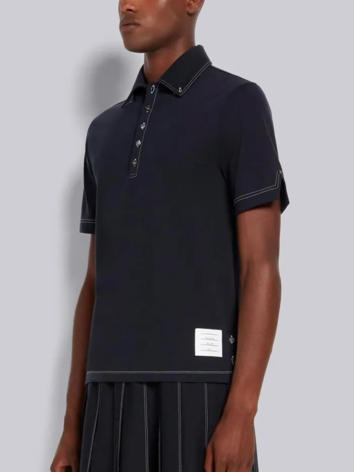 Thom Browne Wool Tech Milano Contrast Stitch Polo Navy Men Tshirts and Polos
