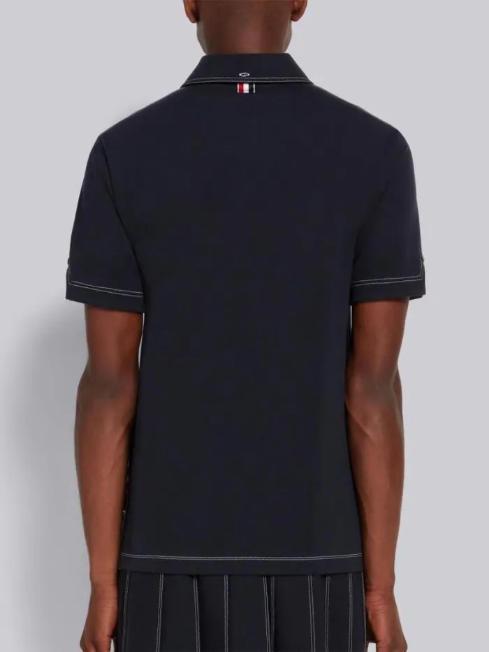 Thom Browne Wool Tech Milano Contrast Stitch Polo Navy Men Tshirts and Polos