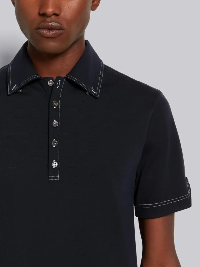 Thom Browne Wool Tech Milano Contrast Stitch Polo Navy Men Tshirts and Polos