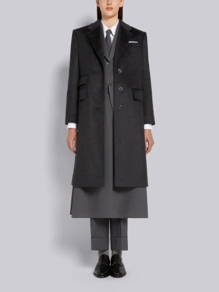 Thom Browne Zibeline Finish Coat Weight Cashmere Single Vent Overcoat Dark Grey Women Outerwear