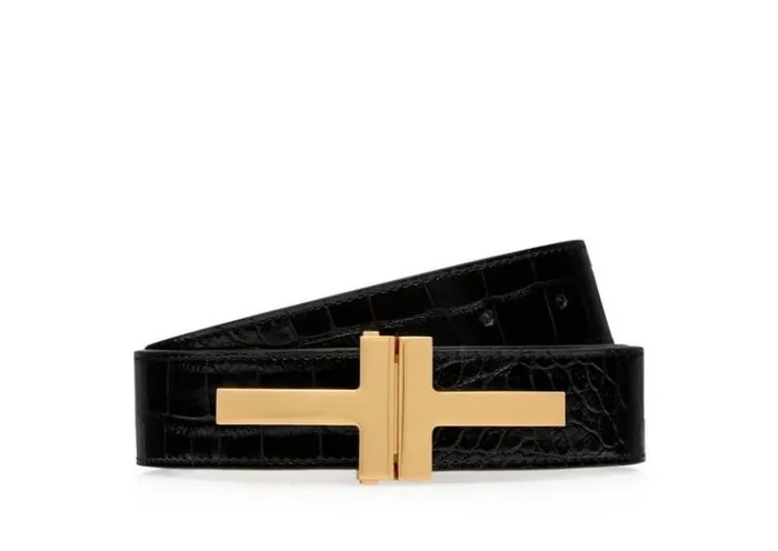 Tom Ford Belts SHINY STAMPED CROCODILE LEATHER DOUBLE T BELT Black 8211 Women