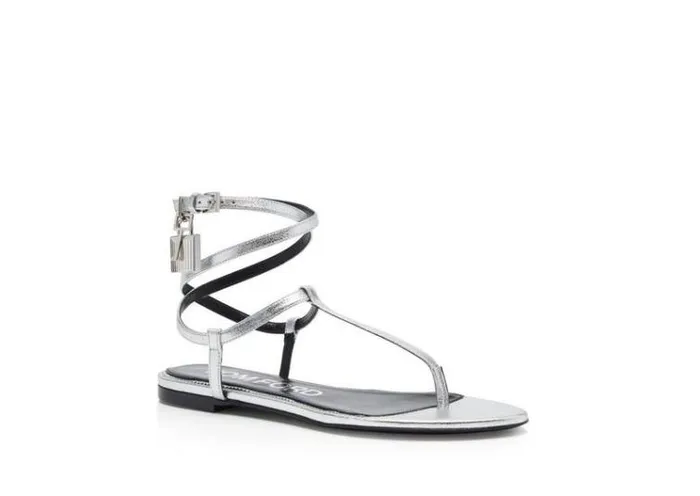 Tom Ford Flats LAMINATED LEATHER PADLOCK SANDAL Silver 8211 Women Tom Ford Flats LAMINATED LEATHER PADLOCK SANDAL Silver 8211 Women