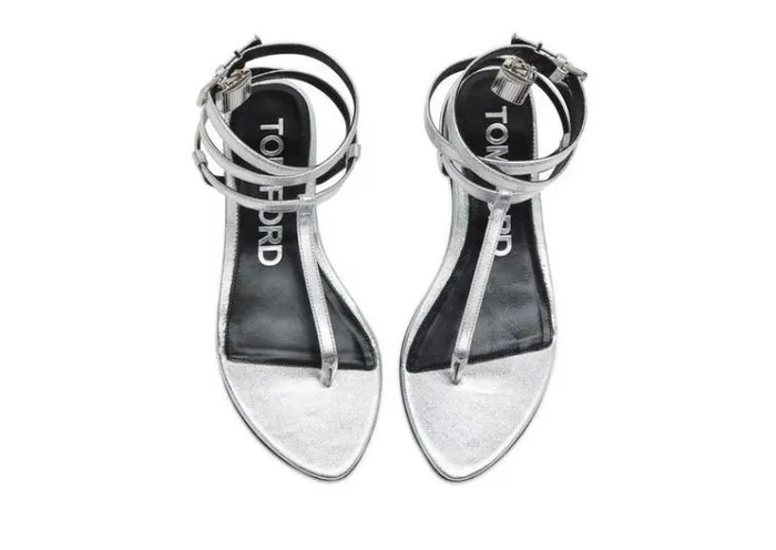 Tom Ford Flats LAMINATED LEATHER PADLOCK SANDAL Silver 8211 Women Tom Ford Flats LAMINATED LEATHER PADLOCK SANDAL Silver 8211 Women
