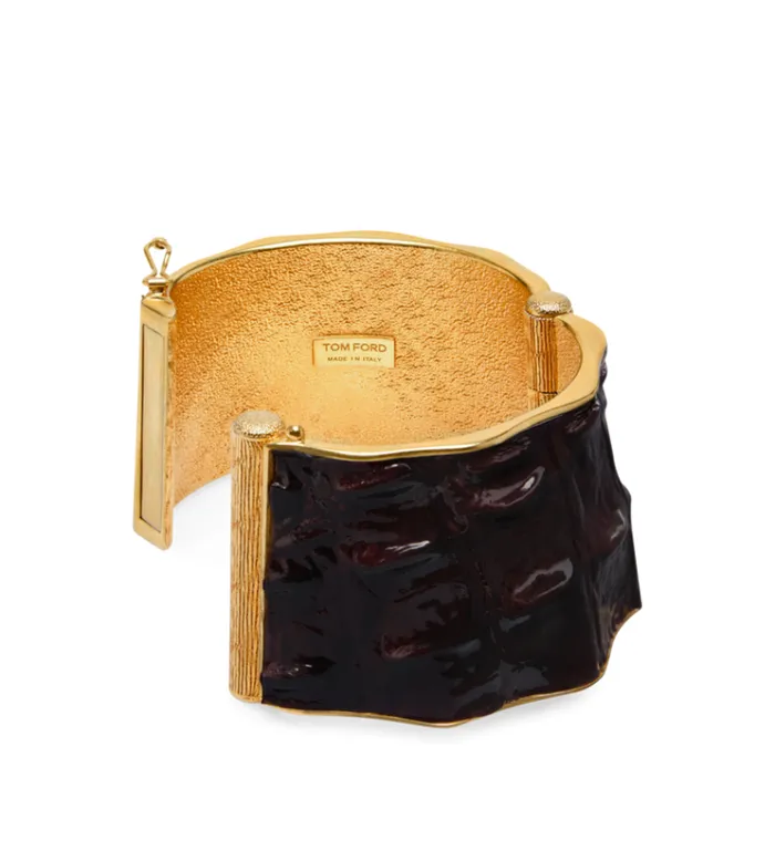 Tom Ford Jewelry BRASS AND GLOSSY STAMPED CROCODILE LEATHER SOLAR CUFF 8211 Women Tom Ford Jewelry BRASS AND GLOSSY STAMPED CROCODILE LEATHER SOLAR CUFF 8211 Women