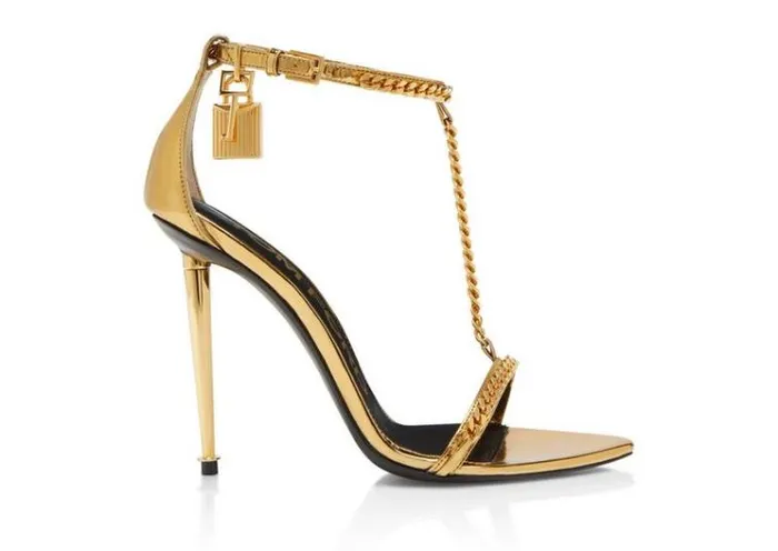 Tom Ford The Padlock MIRROR LEATHER PADLOCK CHAIN POINTY NAKED SANDAL Gold 8211 Women