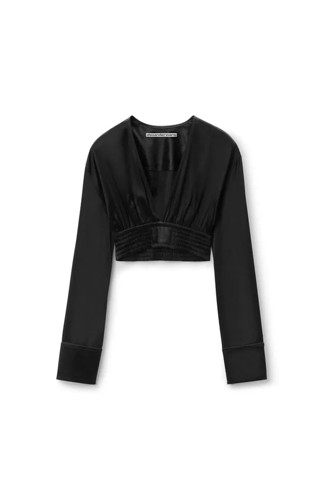 Tops and Shirts Women Alexander Wang Cropped VNeck Blouse In Satin Jersey