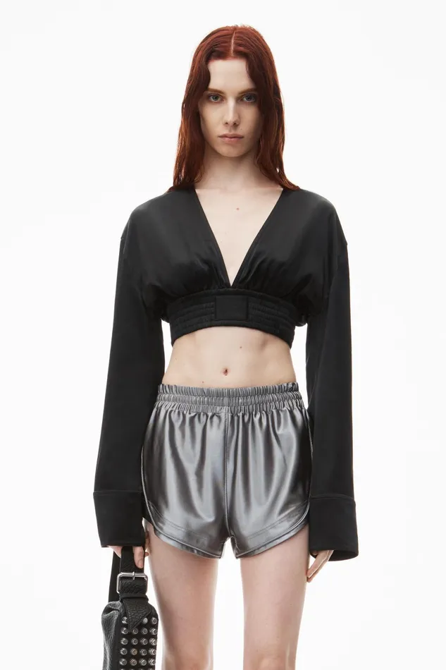 Tops and Shirts Women Alexander Wang Cropped VNeck Blouse In Satin Jersey