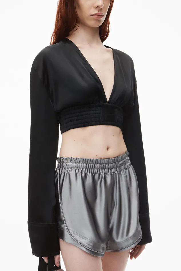 Tops and Shirts Women Alexander Wang Cropped VNeck Blouse In Satin Jersey